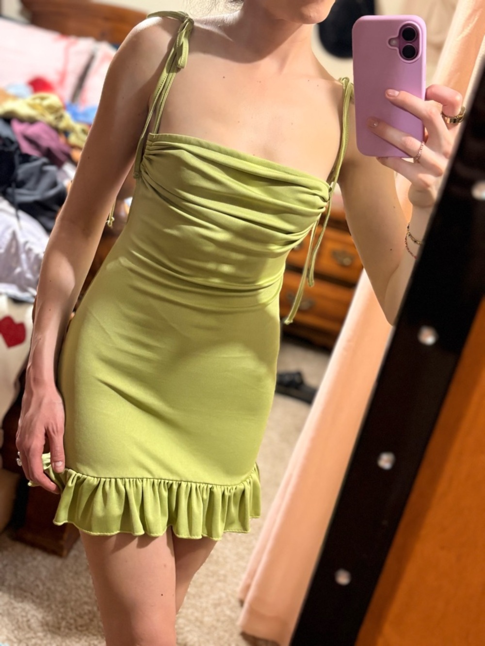 Light Green Ruffle-Hem Tie-Strap Dress